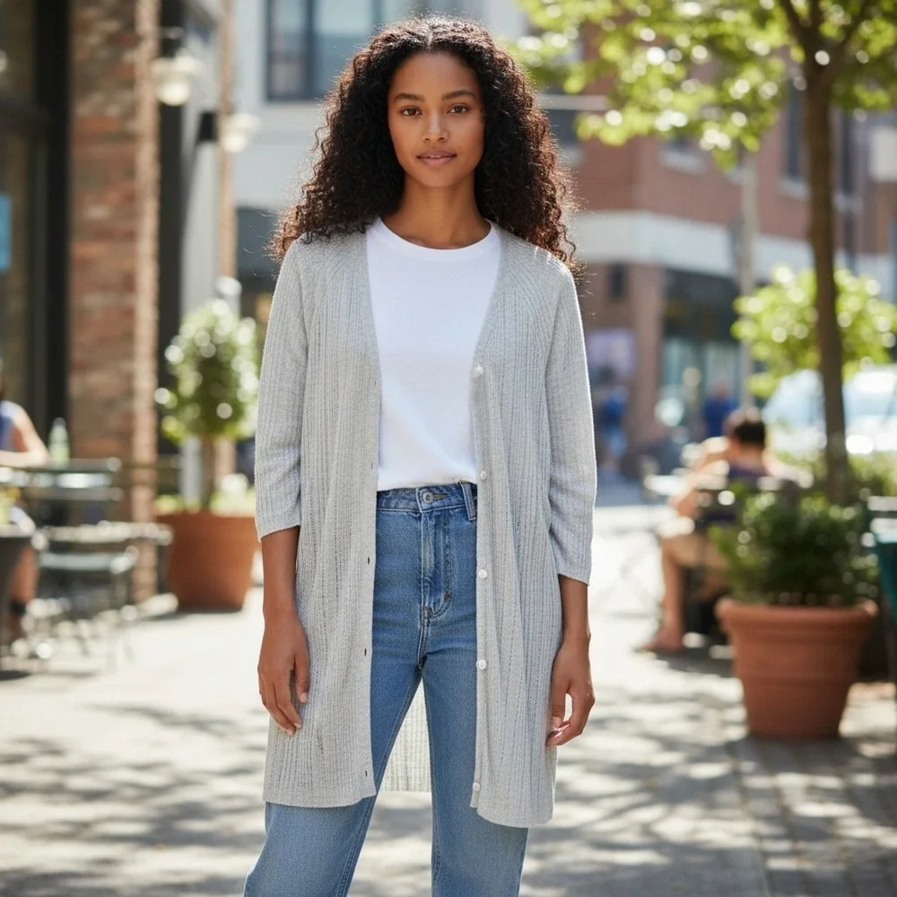 Eileen Fisher gray Italian Yarn knit cardigan sweater Lagenlook SZ M Retail $198